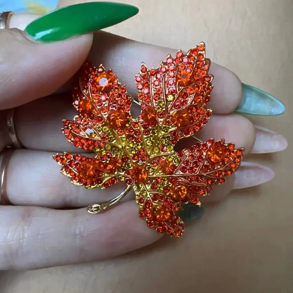 Bria Red Maple Leaf Orange Crystal Brooch - Picture 4 of 7